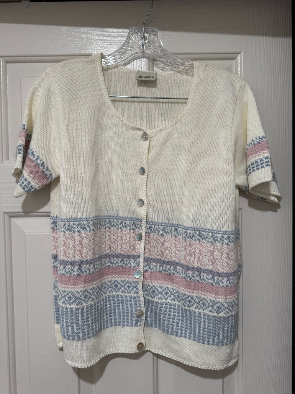 Classic Elements Cream Short-Sleeve Cardigan with Pink & Blue Fair Isle